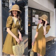 [Siêu Hot] Váy Nâu Cổ Phối Tay Phồng , Đầm Nữ Thiết Kế Tay Cộc Dáng Suông Có Ảnh Thật Kèm Video